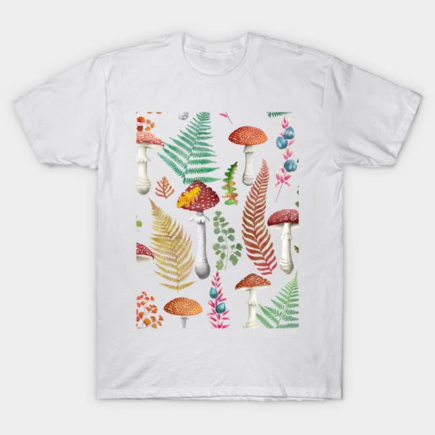 Fall fern leaves and fly agaric mushrooms seamless watercolor pattern. Autumn leaves, red poison mushrooms. Autumn print T-Shirt by likapix